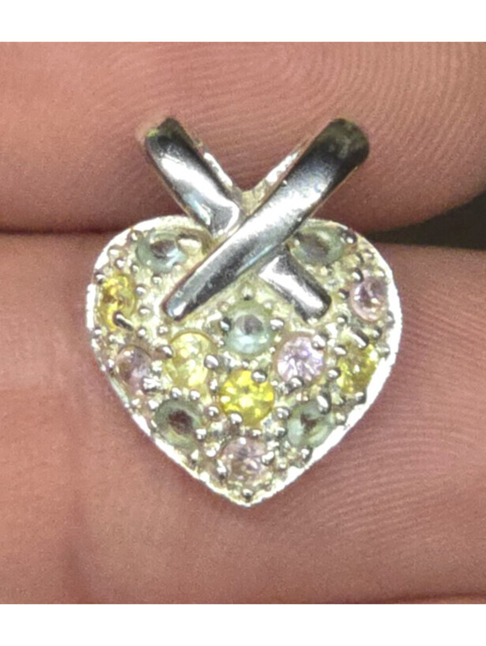 Sterling Silver Heart Shaped Pendant Pastel Pave Gemstones Blue Pink Yellow